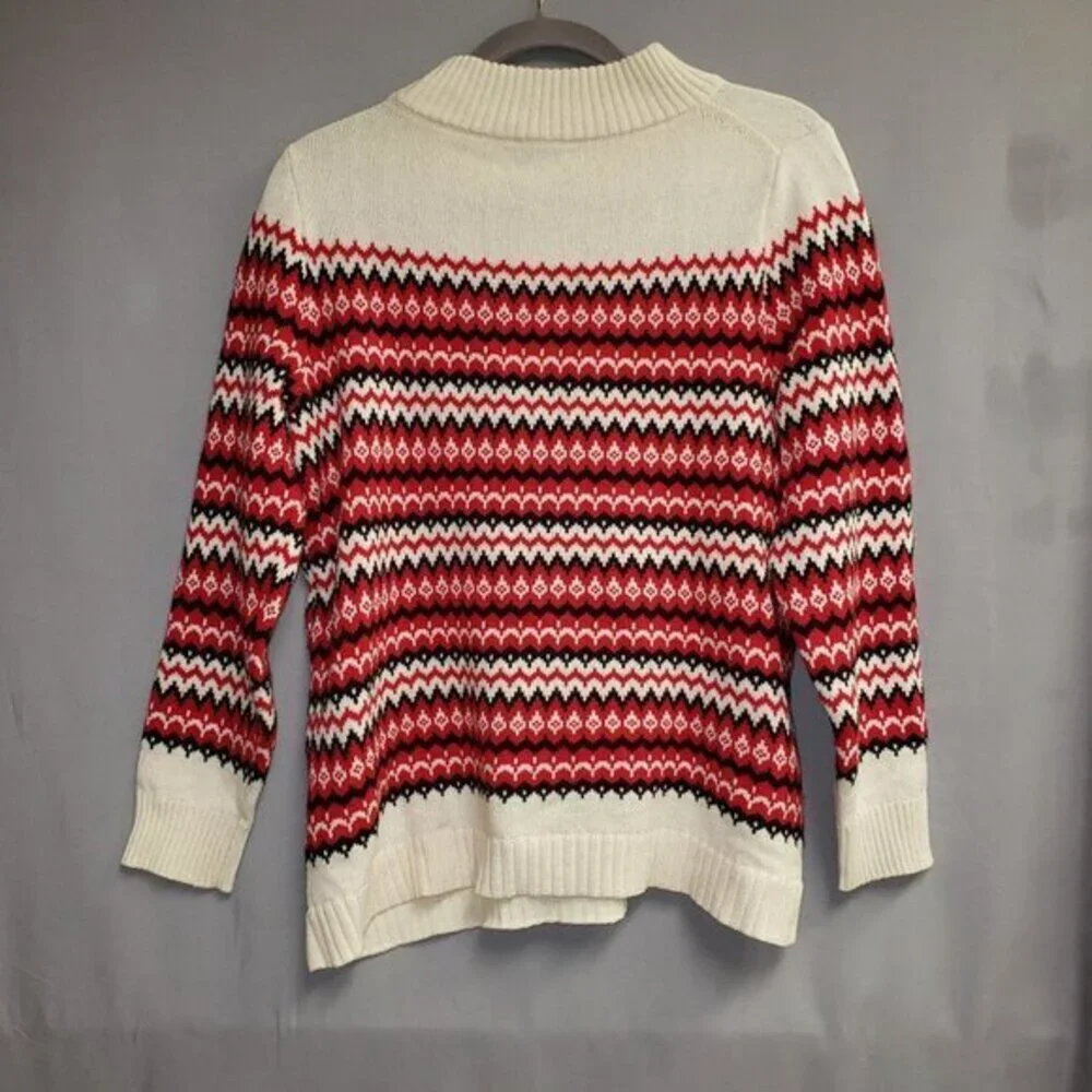 Talbots Wool Blend Fair Isle Ribbed Sweater Womens Size LP Red Black Ivory Pre-O